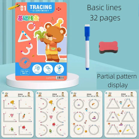 Magical Montessori Tracing Workbook for Kids - Reusable Educational Calligraphy &amp; Drawing Book Line