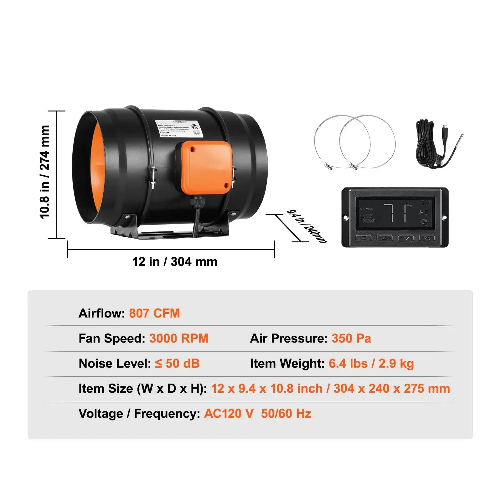 Inline Duct Fan 4x8 Quiet EC Motor Temp Humidity EC 8in / GERMANY