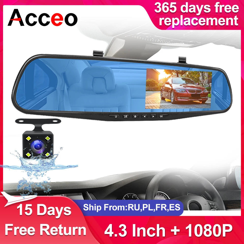 Dashcam Camera 24H Front Rear 1080P Mirror - 4.3 Inch DVR