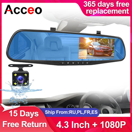Dashcam Camera 24H Front Rear 1080P Mirror - 4.3 Inch DVR