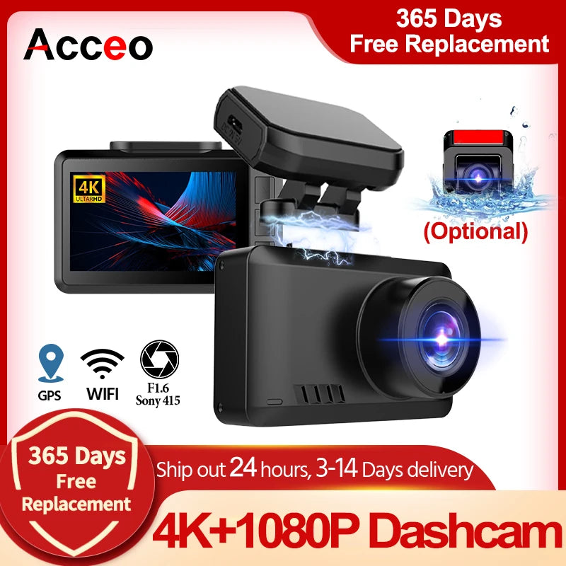 ACCEO 4K Dash Cam WIFI Car DVR - Dual Lens 24H Monitor