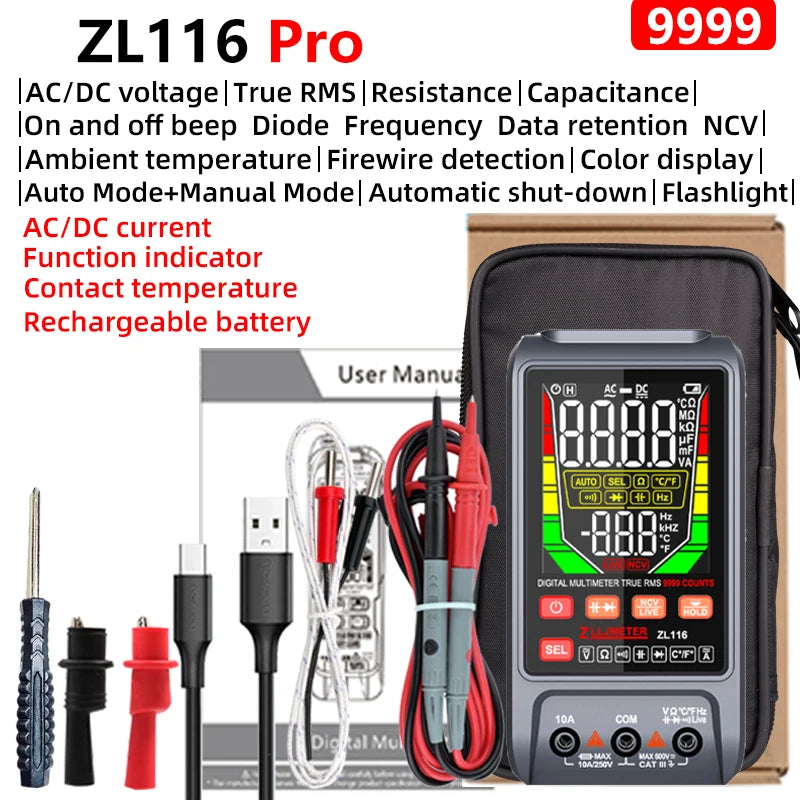 New 9999 Counts USB Charge Digital Multimetro &ndash; True RMS Auto Range Testing ZL116 Pro / CHINA