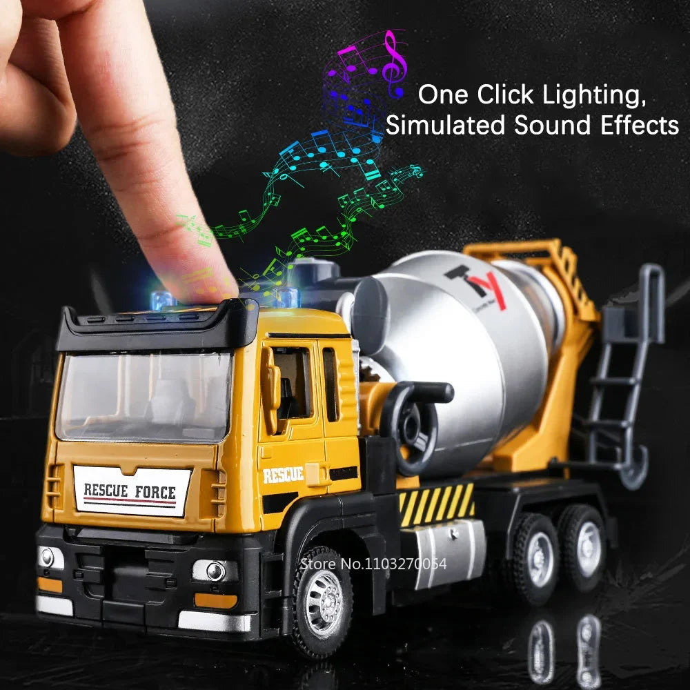 1/32 Excavator Blender Truck Model Car Toys Alloy Diecast Engineering Vehicle Rubber Tire Sound Light Pull Back Toy Gift for Kid
