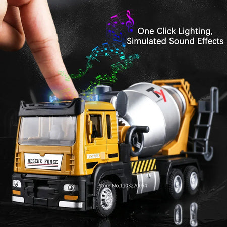 1/32 Excavator Blender Truck Model Car Toys Alloy Diecast Engineering Vehicle Rubber Tire Sound Light Pull Back Toy Gift for Kid