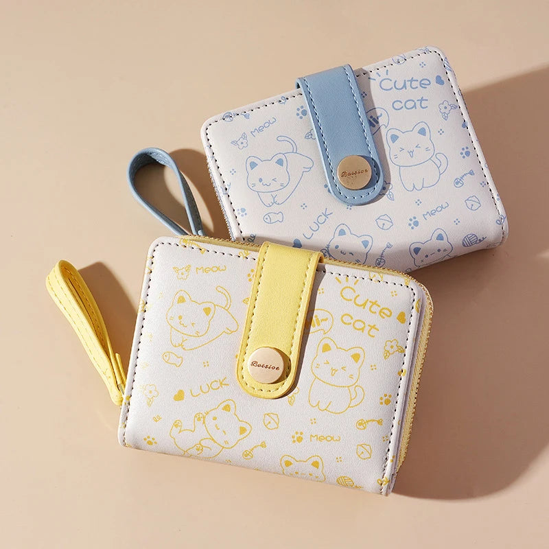 Cute Cat Girl Zipper Wallet for Women &ndash; Fashionable Short Card Holder and Coin Purse