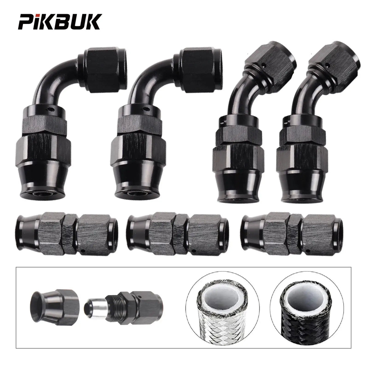 PIKBUK AN4/6/8/10 PTFE Oil Fuel Line Swivel Fitting 0-180 Degree Hose End Adaptor Assembly Kit Black by InterCyprus Trading Ltd