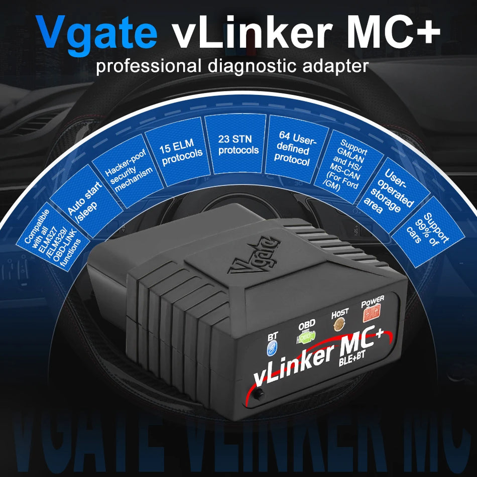 Vgate VLinker MC ELM327 Bluetooth OBD2 Skanner V2.2 För FORScan Och BimmerCode