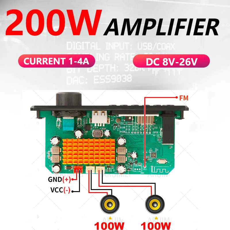 Bluetooth 5.0 Stereo Amplifier Board 200W With USB TF FM AUX Karaoke