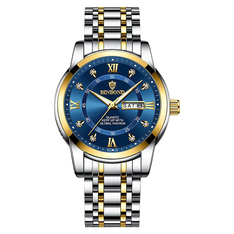 BINBOND Men's Luxury Diver Watch - 30ATM Waterproof Quartz Timepiece Gold Blue
