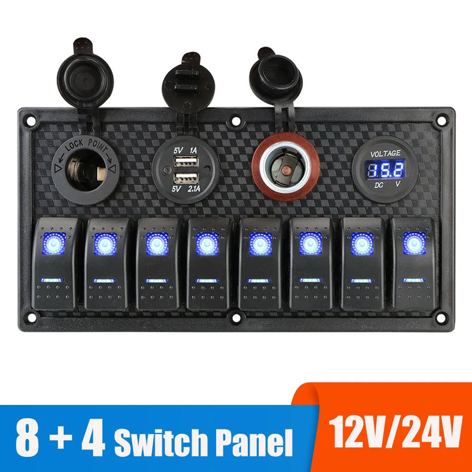 24V 12V Spínačový panel s 8 tlačítky pro automobilové osvětlení, USB nabíječky, hliník, ABS
