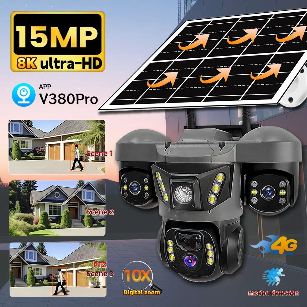 15MP 4G IP Solar PTZ Security Camera with 10x Zoom &amp; Auto Tracking 4G CCTV 128G card