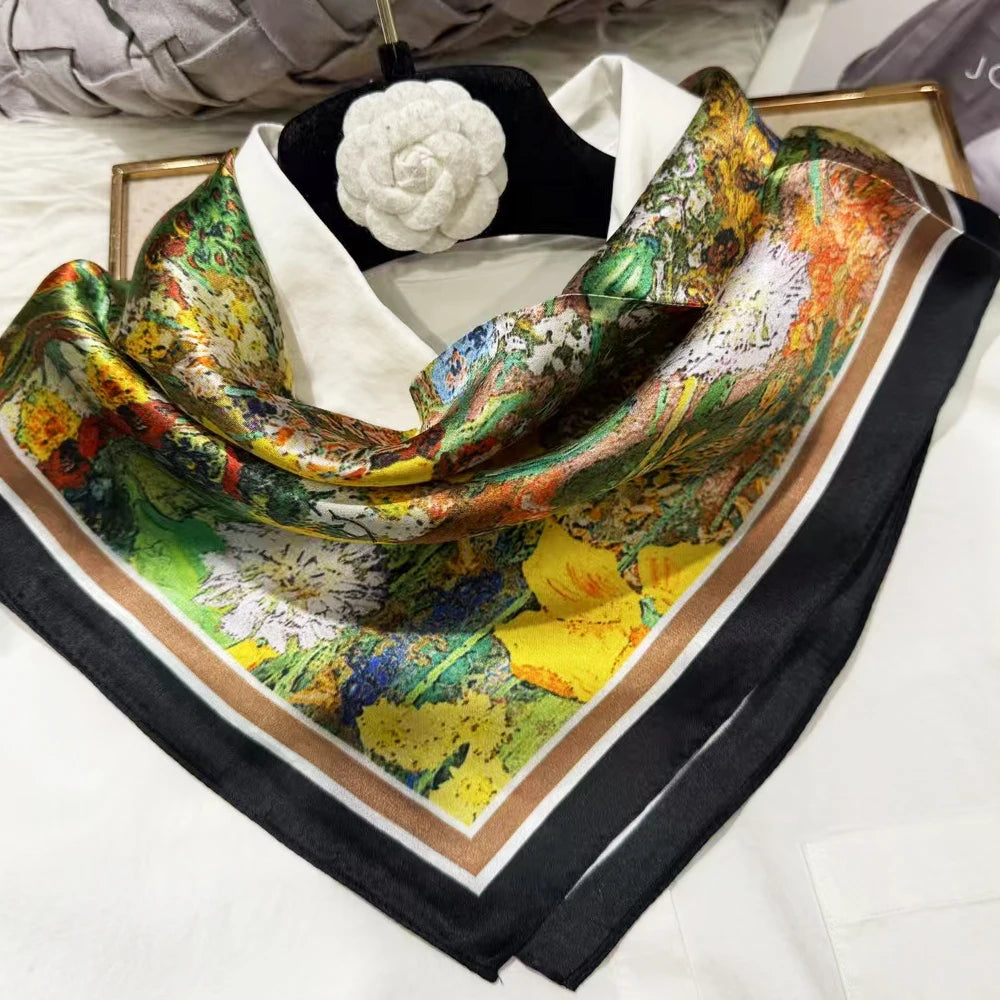 Green Women 100% Mulberry Silk Scarf &ndash; Elegant Floral Design for Versatile Styling black yellow
