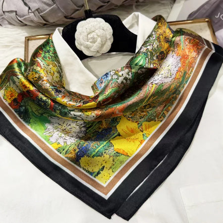 Green Women 100% Mulberry Silk Scarf &ndash; Elegant Floral Design for Versatile Styling black yellow