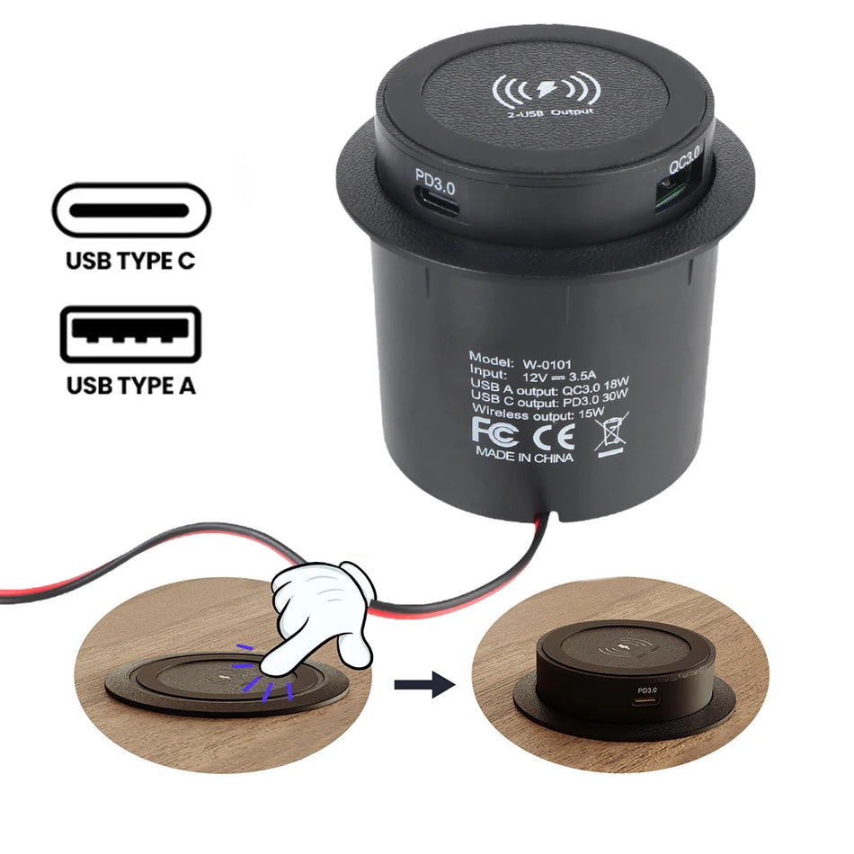Įmontuotas belaidis automobilinis įkroviklis su dviem USB-C PD QC 3.0, 24V/12V