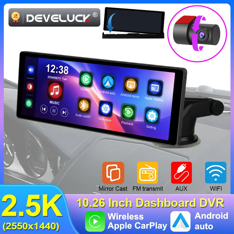 Cámara de tablero de 10.26 pulgadas DVR de doble lente 2.5K CarPlay inalámbrico GPS