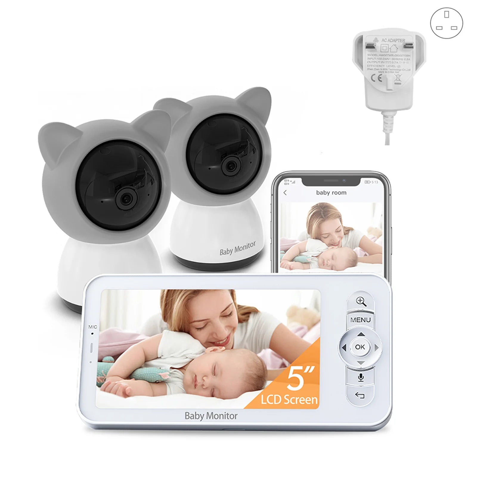 Babystar 5-Inch LCD Baby Monitor &ndash; Dual Camera Split Screen Support UK Plug