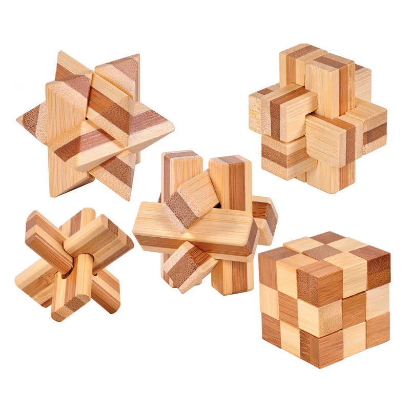 Bamboo Wooden Brain Teaser Puzzle - Kong Ming Lu Ban Lock - Montessori 3D Educational Toy for All Ages