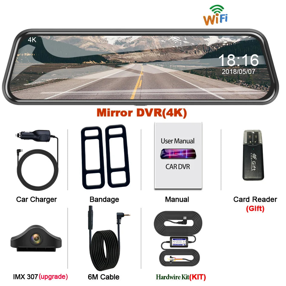 ACCEO A37P 4K Dash Cam Rearview Mirror &ndash; 10 Inch Touch DVR-6M RC-KIT / None