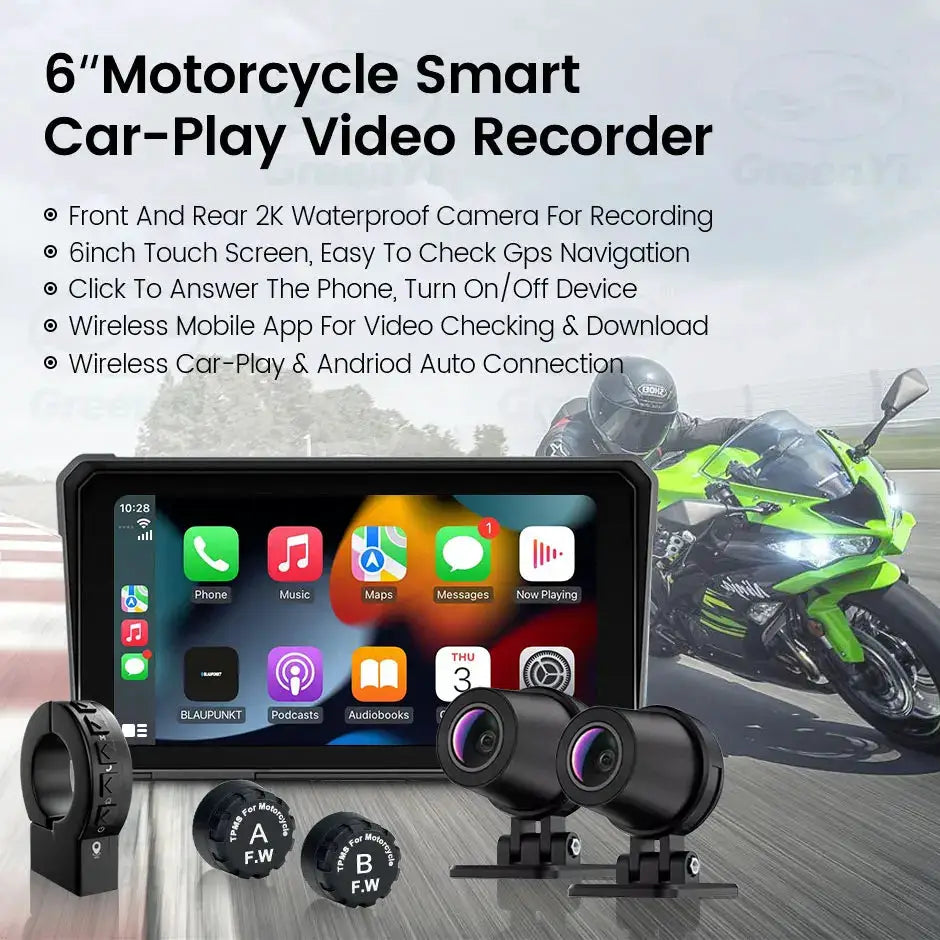 GreenYi 6'' Motorcycle DVR 2K HD Wireless Apple Carplay GPS Track Navigation Android Auto IP68 Waterproof Camera Portable Device by InterCyprus Trading Ltd