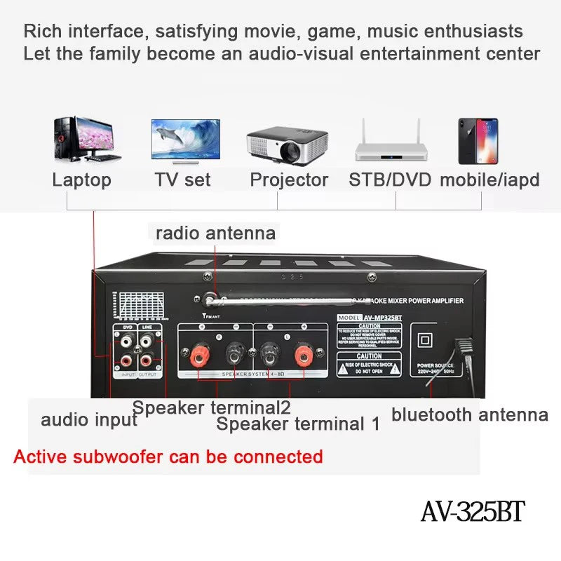 SUNBUCK 325BT Bluetooth Power Amplifiers 110/220V Audio Stereo Digital AMP Support 4 Mic Input USB SD FM AUX With Remote Control