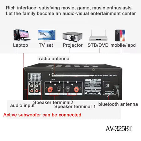 SUNBUCK 325BT Bluetooth Power Amplifiers 110/220V Audio Stereo Digital AMP Support 4 Mic Input USB SD FM AUX With Remote Control