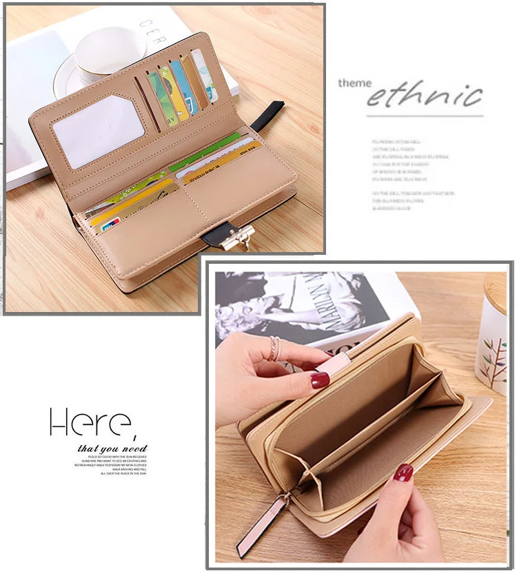 Ladies' PU Leather Hollow Leaves Long Zipper Wallet