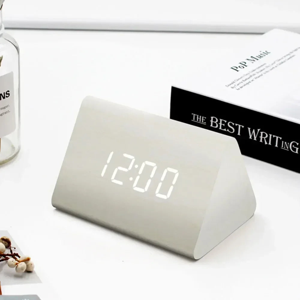 Sleek Wooden Digital Alarm Clock with Voice Control and USB Charging