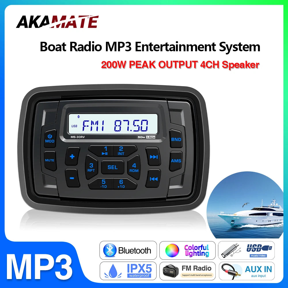AKAMATE Marine Stereo Boat Radio - Waterproof Bluetooth
