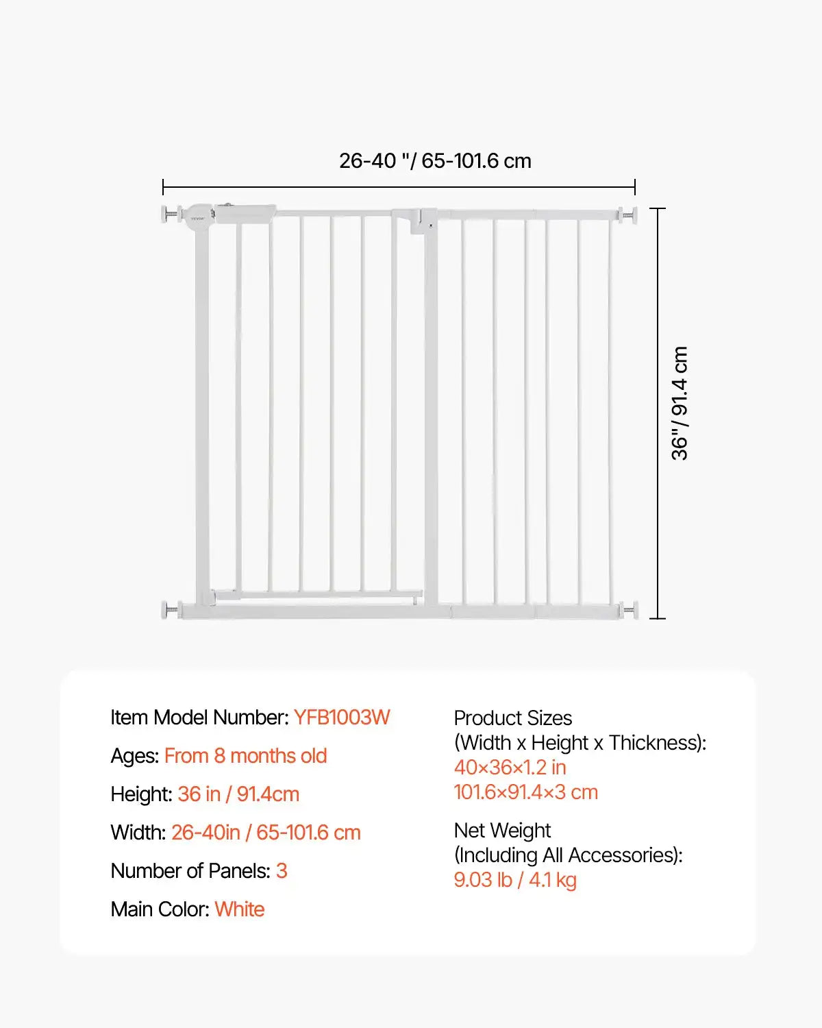 Baby Gate 28 30 36 Inches High &ndash; No Drill Design W26-40in 36inH / france