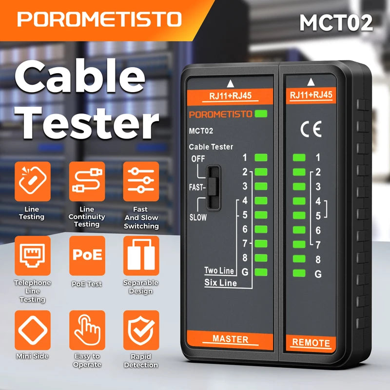 Tester di cavi di rete POROMETISTO MCT02 RJ45 RJ11, schermato 8P/6P/4P/2P