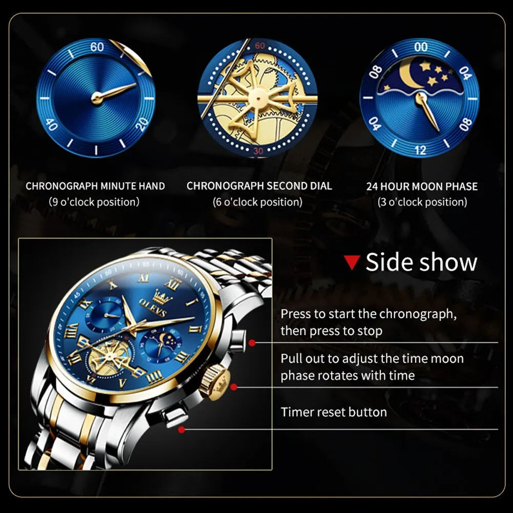 OLEVS Classic Roman Dial Quartz Watch with Luminous Chronograph and Waterproof Design