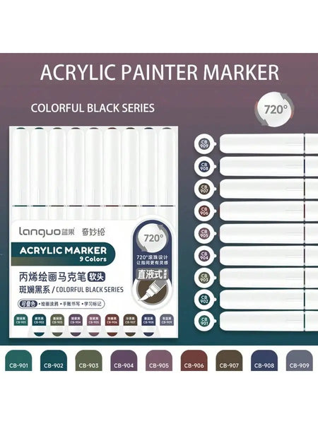 9-Piece Soft Brush Acrylic Marker Pen Set for DIY Hand Drawn Art, Student Graffiti, and Painting - M720