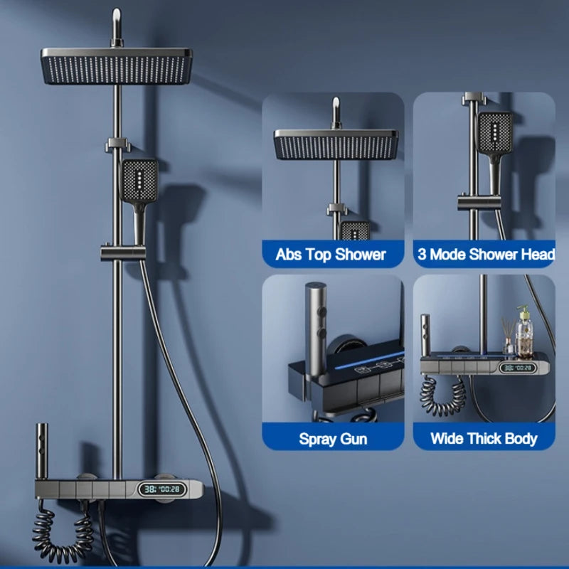 Sada sprchy s displejem teploty se stěnovým držákem, 4-funkčním kohoutkem, čtvercovou dešťovou hlavicí a ruční sprchou