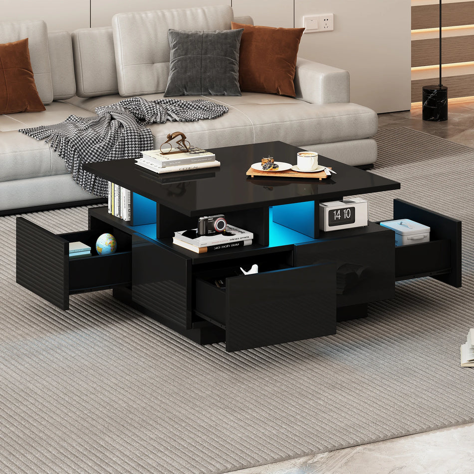 Mesa de café de alto brillo de 70x70x40 cm con LED y cuatro cajones