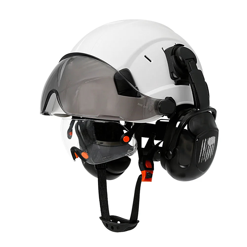 CE Construction Safety Helmet &ndash; Integrated Visor and Earmuffs for Maximum Protection White with earmuffs