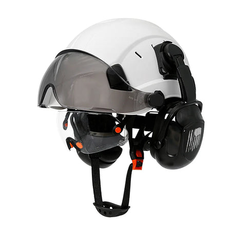 CE Construction Safety Helmet &ndash; Integrated Visor and Earmuffs for Maximum Protection White with earmuffs