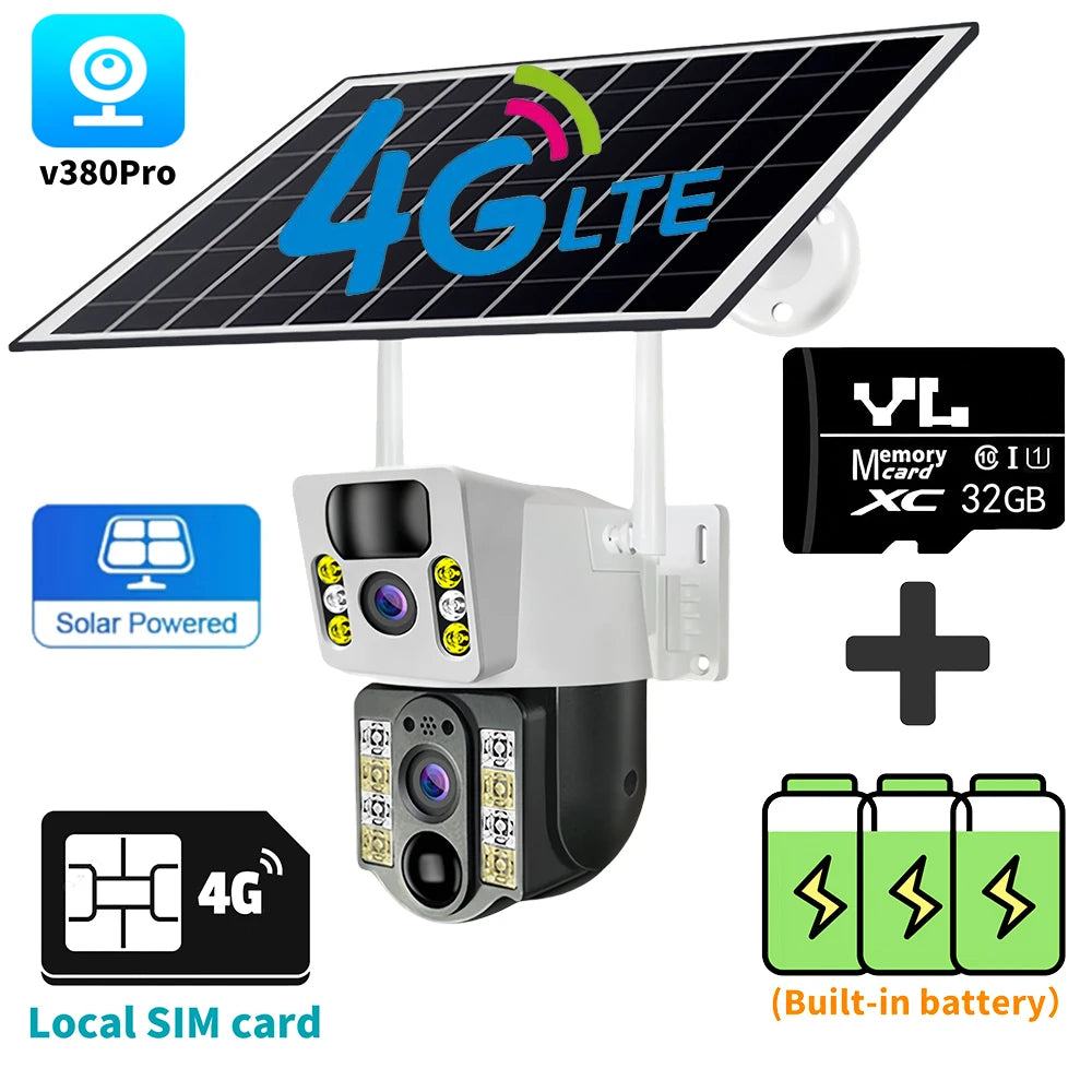 8MP HD Solar Camera WIFI Smart Home Security Protection Home 360 Monitor 4K 4G SIM Card Outdoor with Battery V380 Pro 4G Network 4G Cam 32G Card