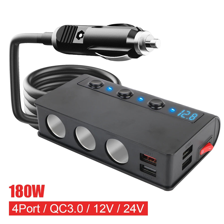 Automobilinis Įkroviklis Lizdai 4+3 Prievadai USB 3.0 180W Pultas Su Nepriklausomu Jungikliu