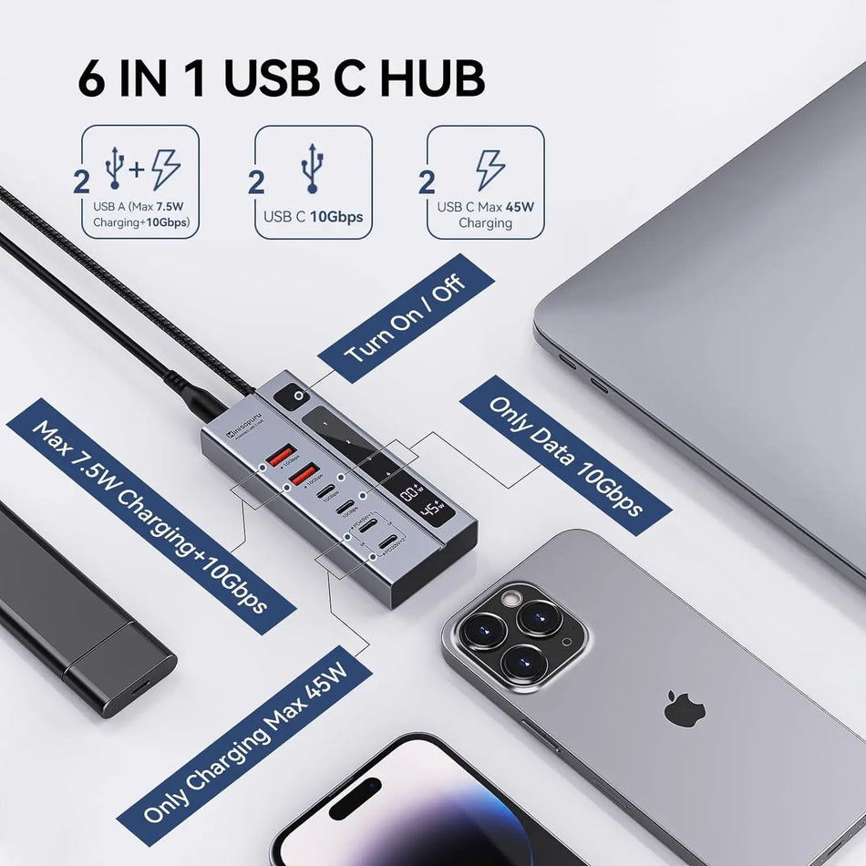 Minisopuru 6 Port USB C Hub 10Gbps Mit 72W Netzteil