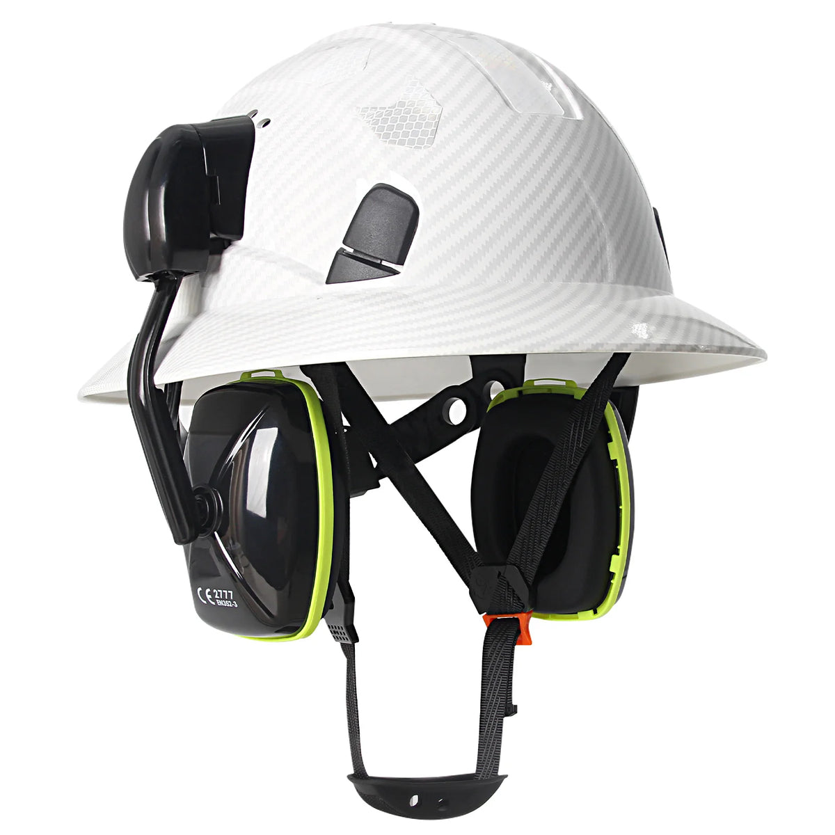 CE Carbon Fiber Full Brim Safety Cap &ndash; With Earmuffs Carbon Fiber White A