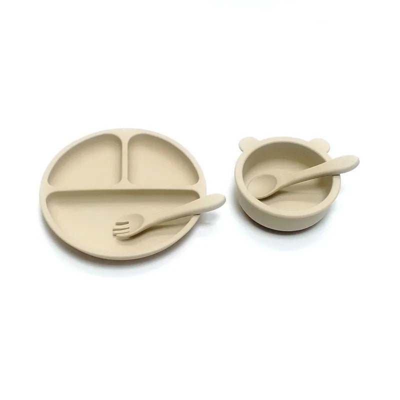 CZSAE 4pcs Silicone Tableware Set &ndash; Safe Suction Cup Design for Children Beige