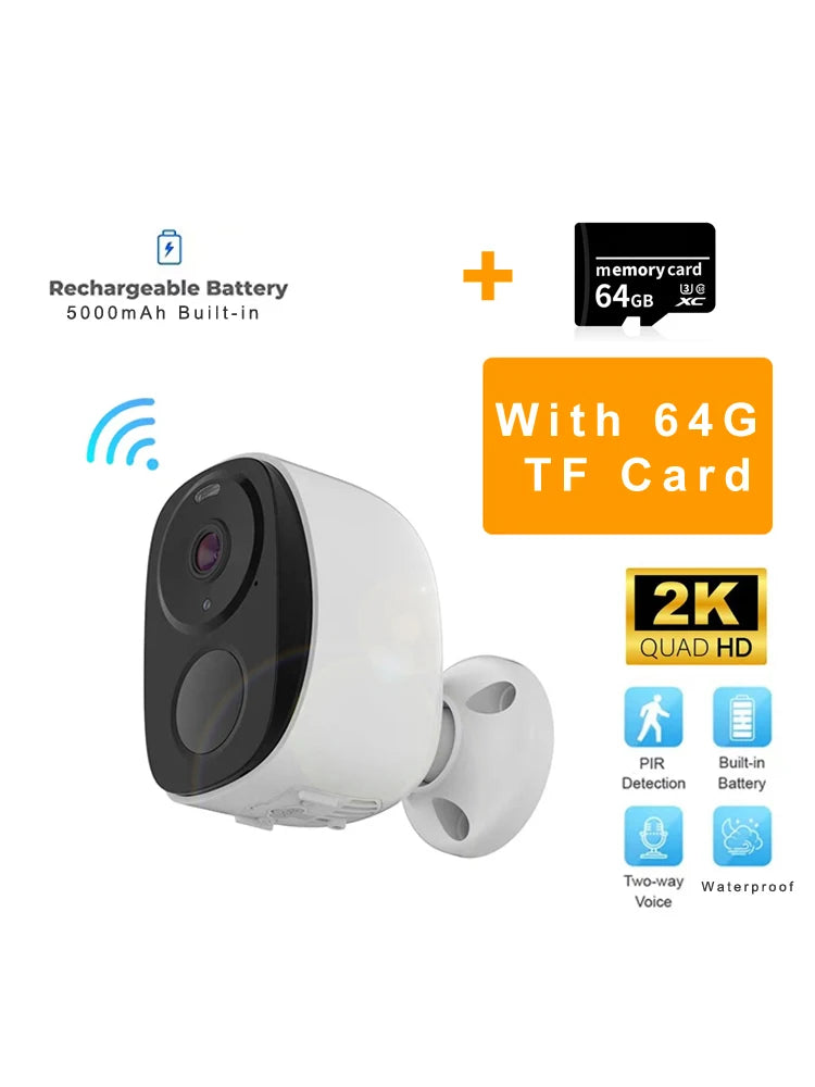 2K 3MP Wireless Security Camera Battery Cam 64G Card / USB