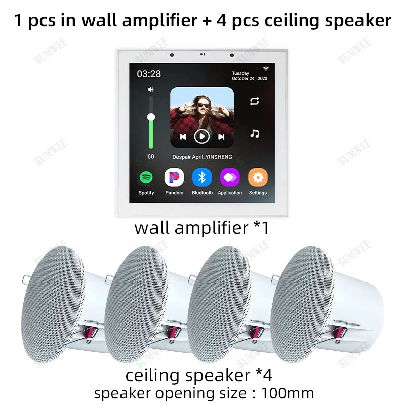SUMWEE 4-Inch Android 11 Wall Amplifier with Bluetooth and Ceiling Speakers System White amp-4 spks