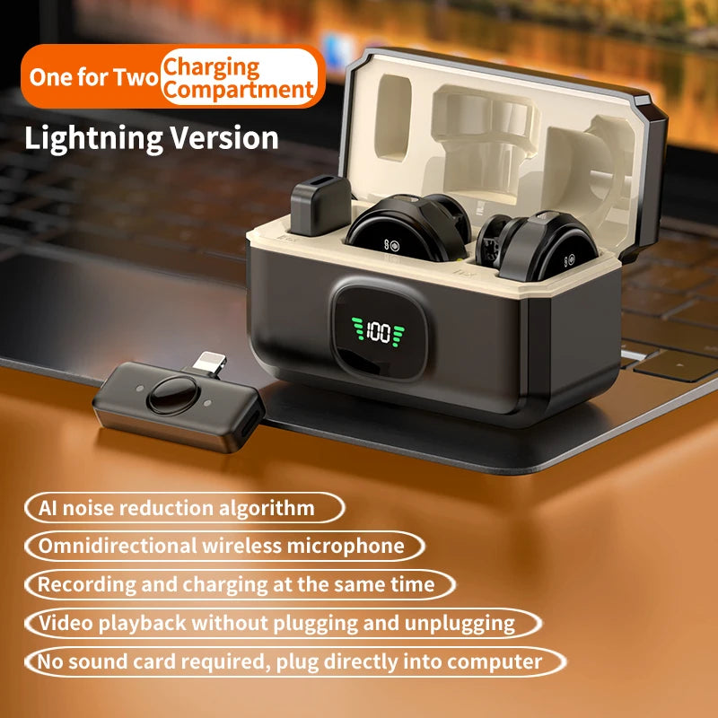 CrownQu Wireless Lavalier Microphone &ndash; Magnetic Noise Reduction with Charging Box 1 to 2 for iOS