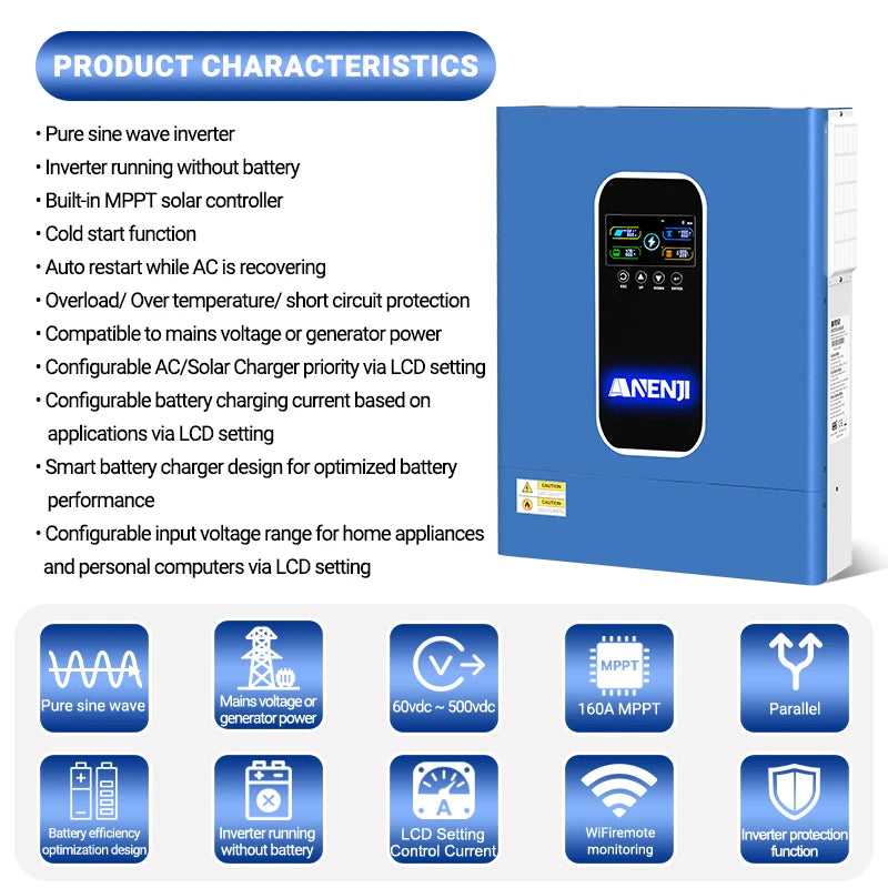 ANENJI 11KW Off Grid Inverter with Dual MPPT 160A, 48V, Built In WiFi, Pure Sine Wave 230V
