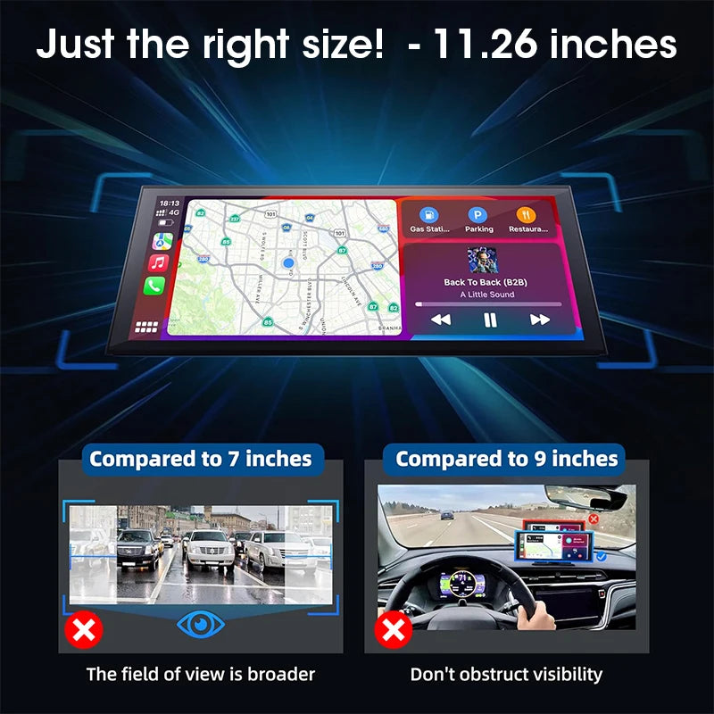 Cameră auto DVR 4K de 11,26 inch cu Dash Cam, CarPlay wireless și GPS