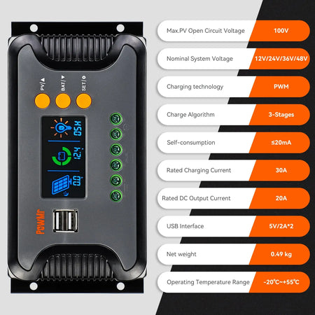 PowMr MPPT Solar Charge Controller &ndash; LCD Display, 12V-48V PWM 30A / france