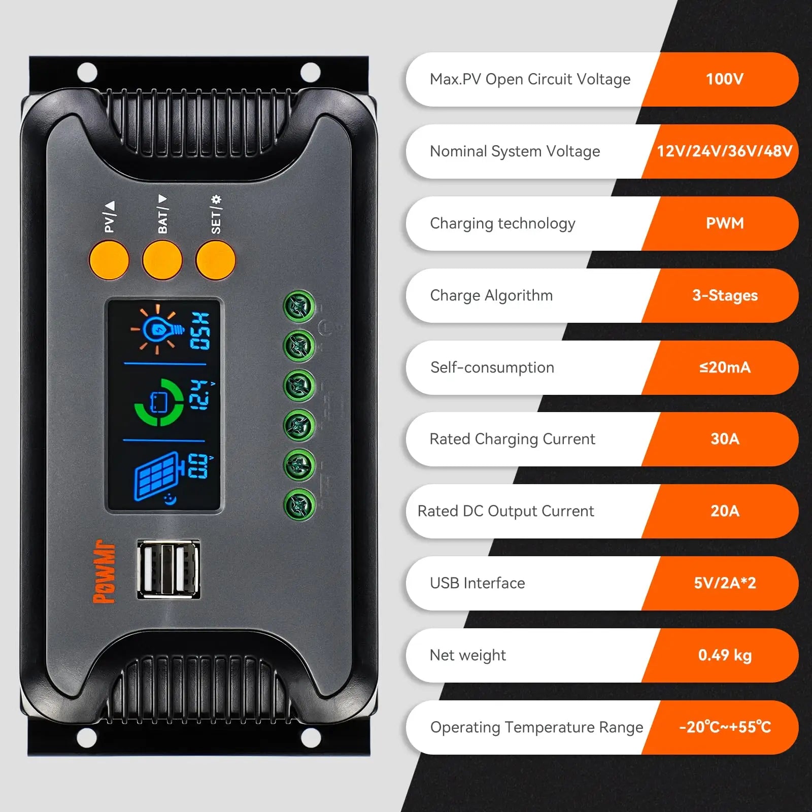 PowMr Solar Charge Controller 30A 60A &ndash; LCD Display USB 5V 30A / france