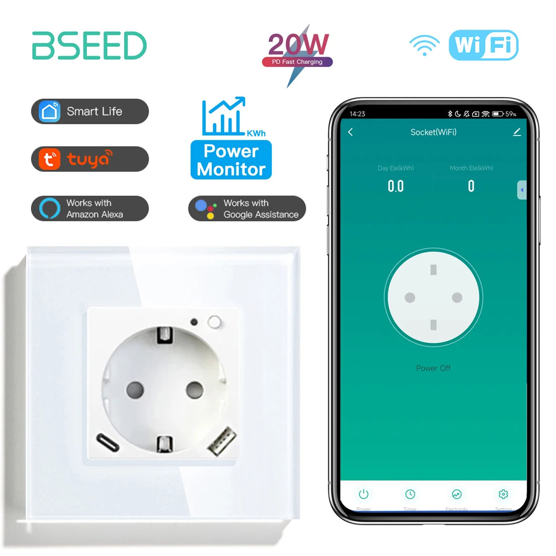 BSEED Smart Wifi Wall Socket 86mm White / EU
