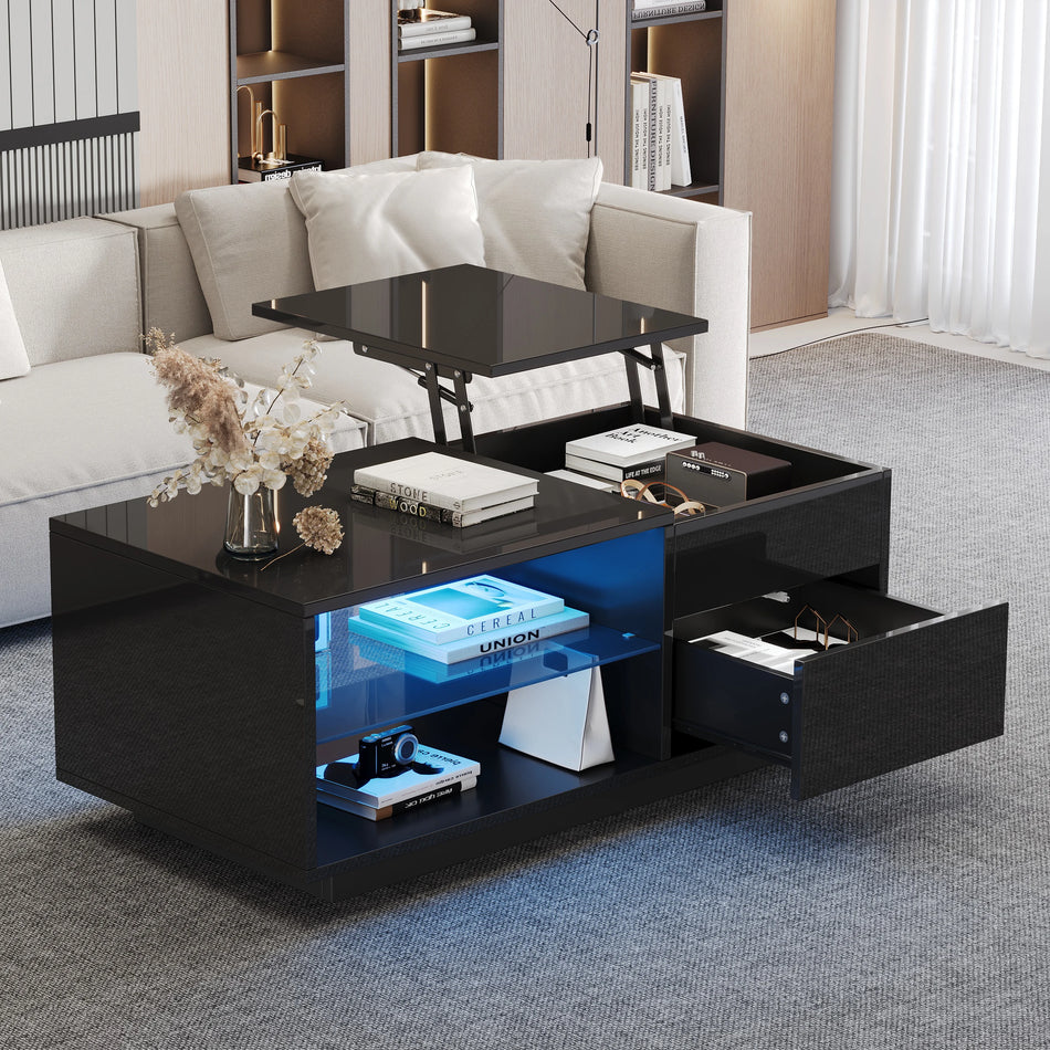 Mesa de café ajustable en altura con cajón LED en negro